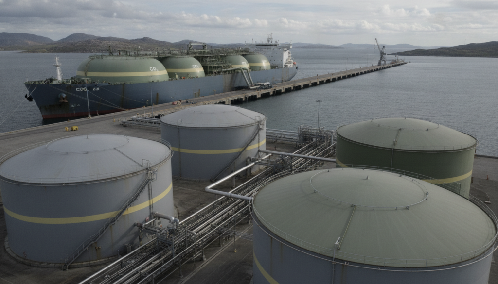 Port terminal with CO2 storage tanks for shipping captured carbon